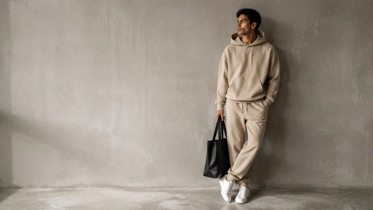 Hombre con conjunto color arena y bolso