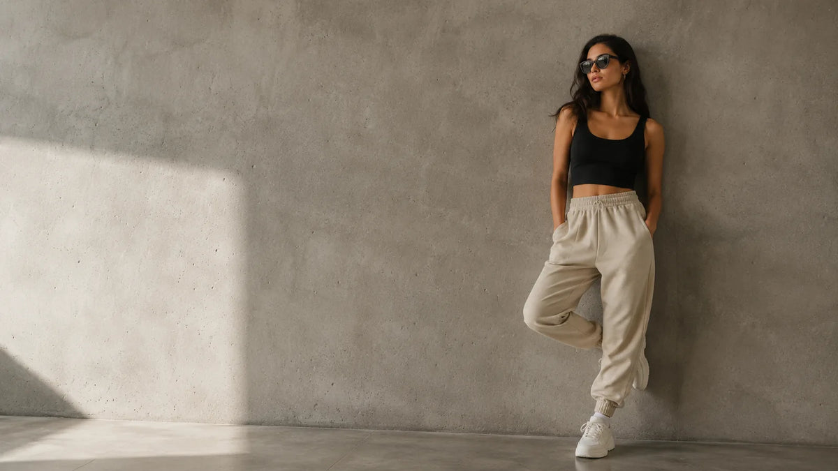 Mujer con top negro y jogger arena