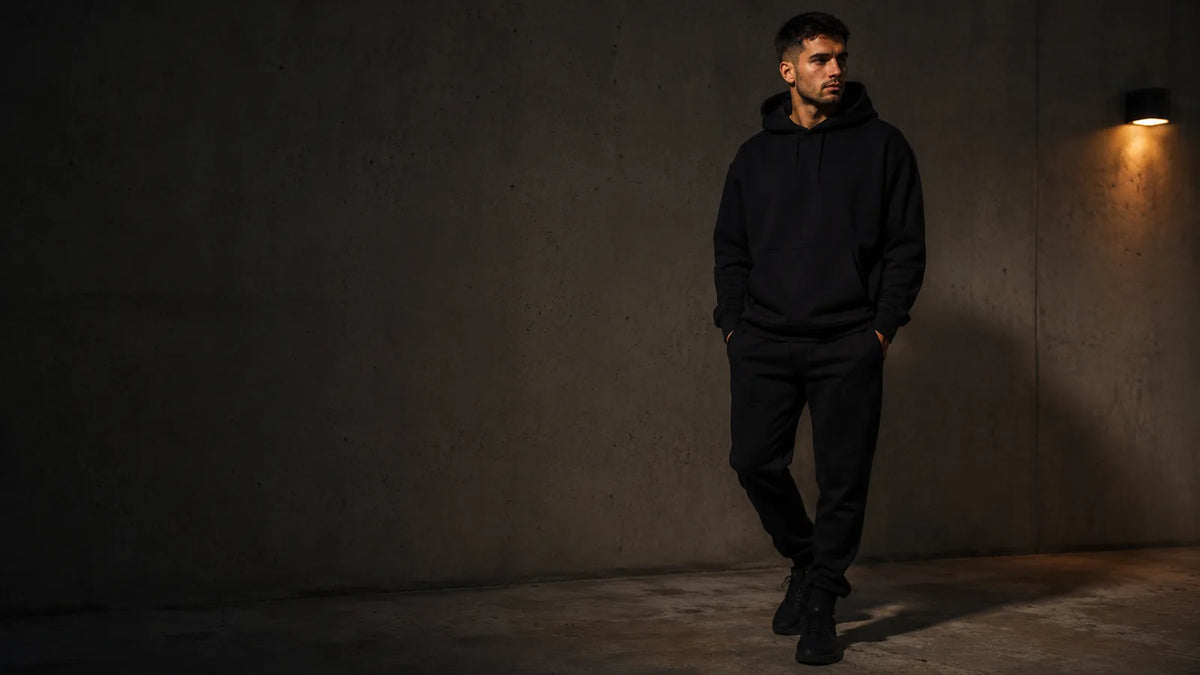 Hombre vestido de negro de noche